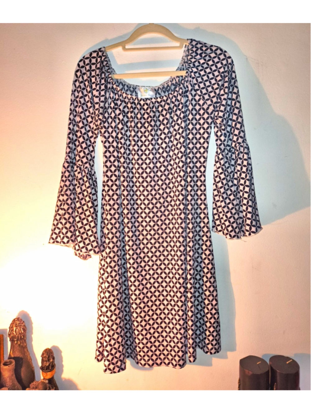 Boho Bali Black/White Geometric A-Line Shift Dress S Smocked Bell Sleeve